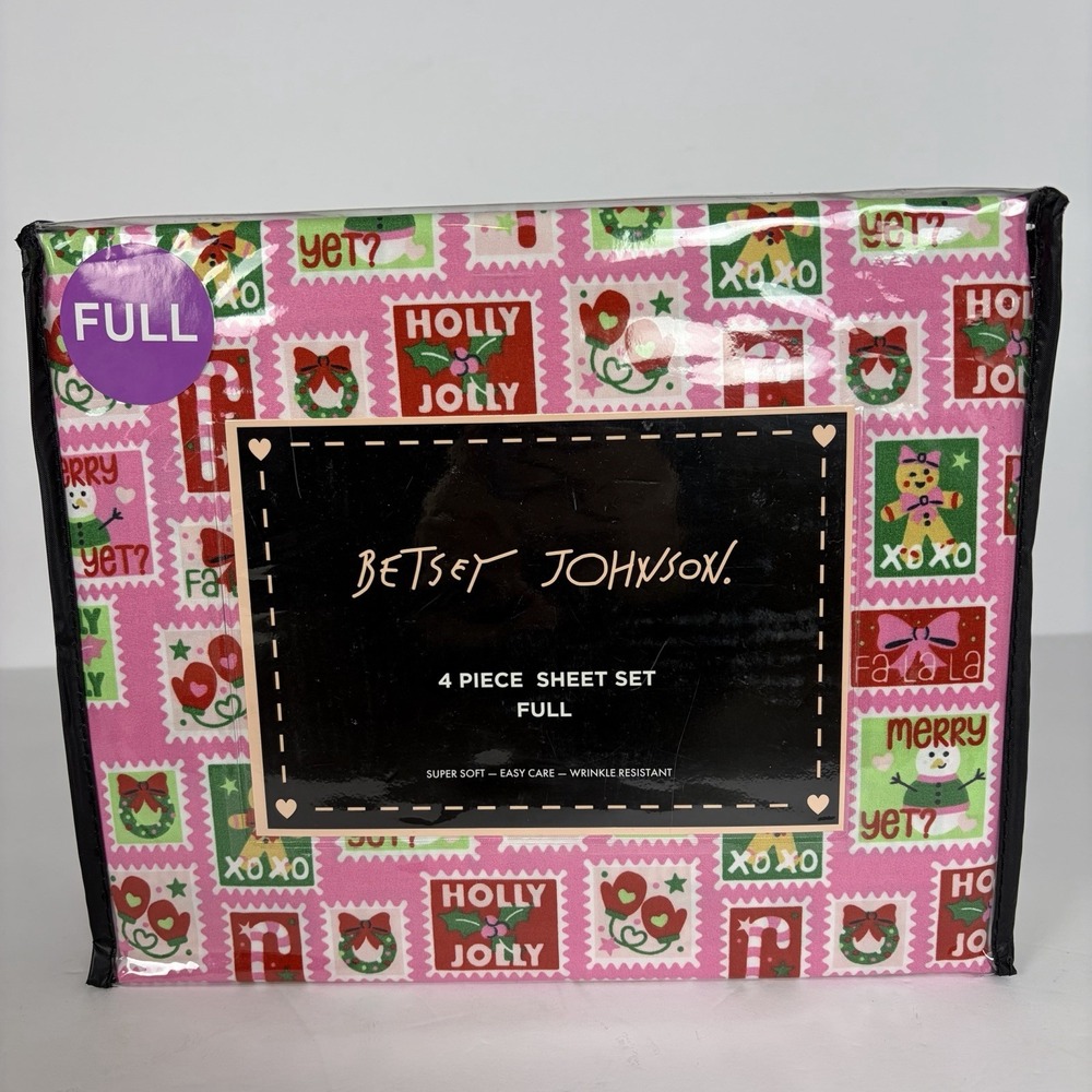 Betsey Johnson Full‎ 4pc Sheet Set Christmas Stamps Pink Super Soft Easy Care